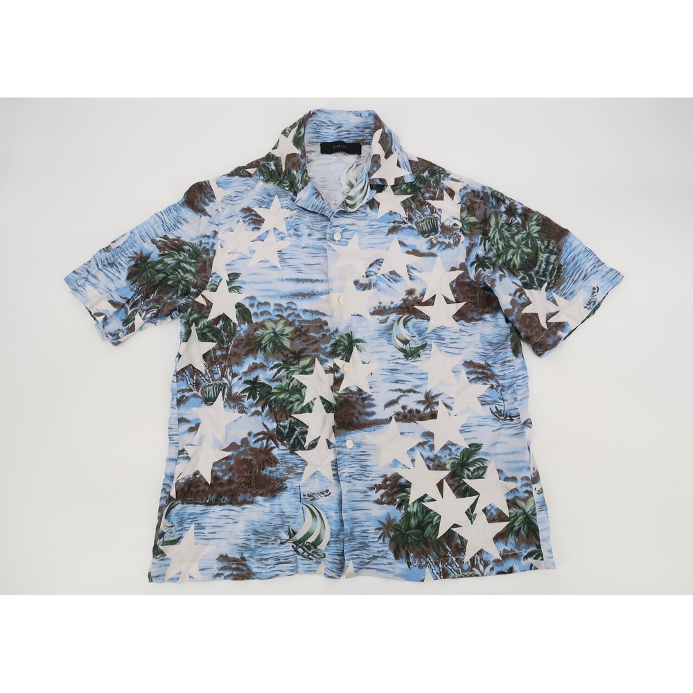 Amiri Mens XS Silk Blue Tropical Star Camp Hawaiian Shirt Short Sleeve‎ UK 34